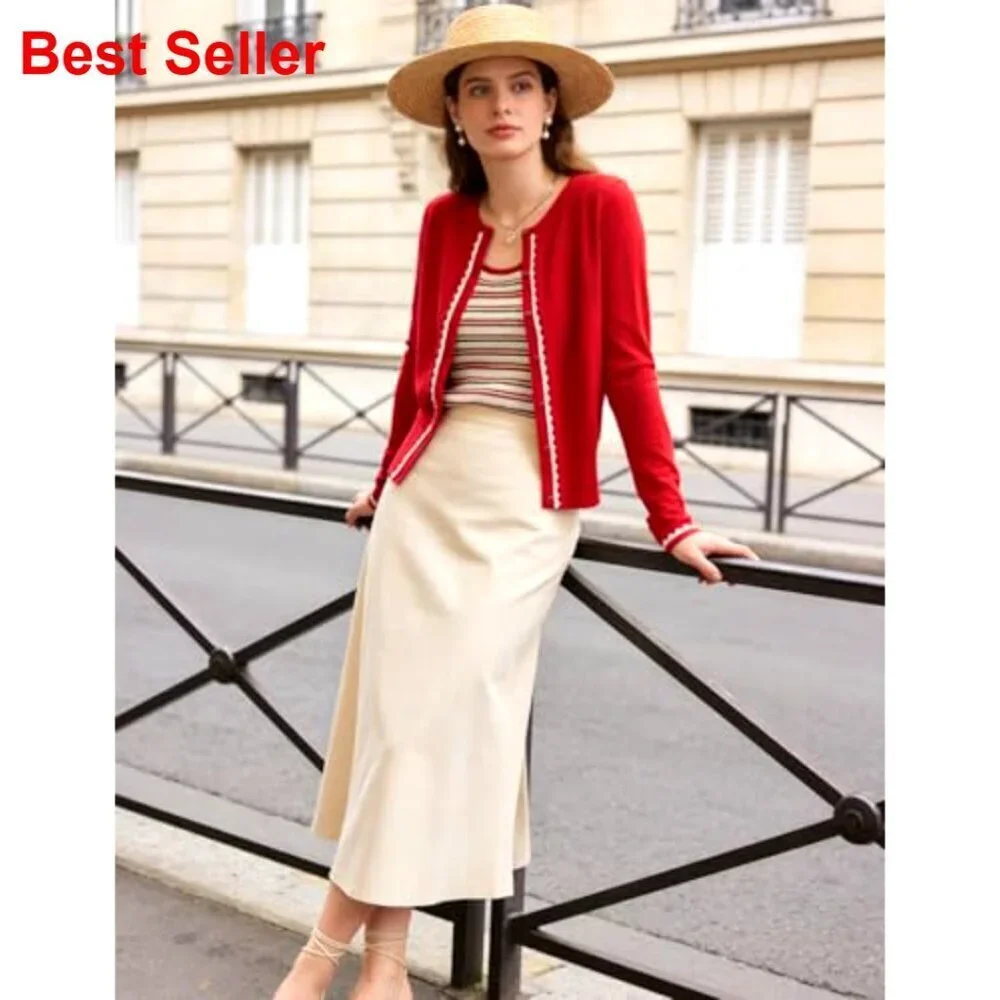 Cropped Knit Cardigan Long Sleeve Crew Neck Button Up Stretchy